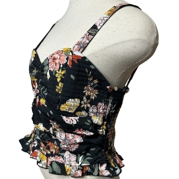 Band of Gypsies Collective Black Floral Cami Smocked Crop Top Size Large - Picture 3 of 14